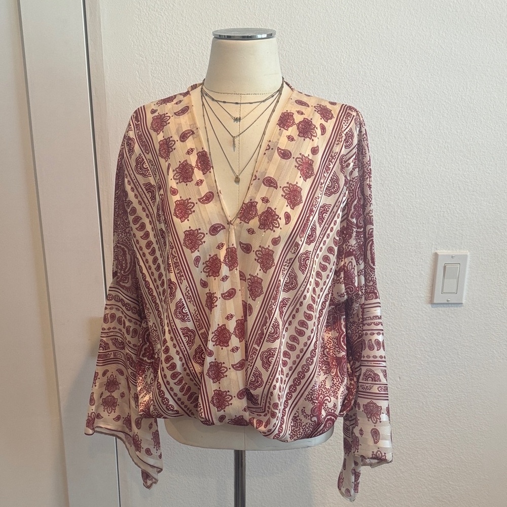 Bohemian V-Neck Blouse in Cream and Burgundy